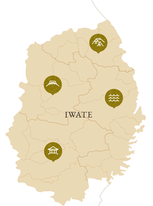 岩手県域図。地図は県央エリア、県南エリア、県北エリア、沿岸エリアの4つに分割されていて、それぞれをイメージしたシンボル描かれている。